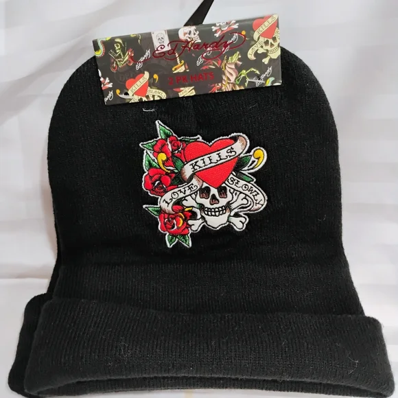 Ed Hardy | Accessories | Ed Hardy Black Skull Beanie Set Of 